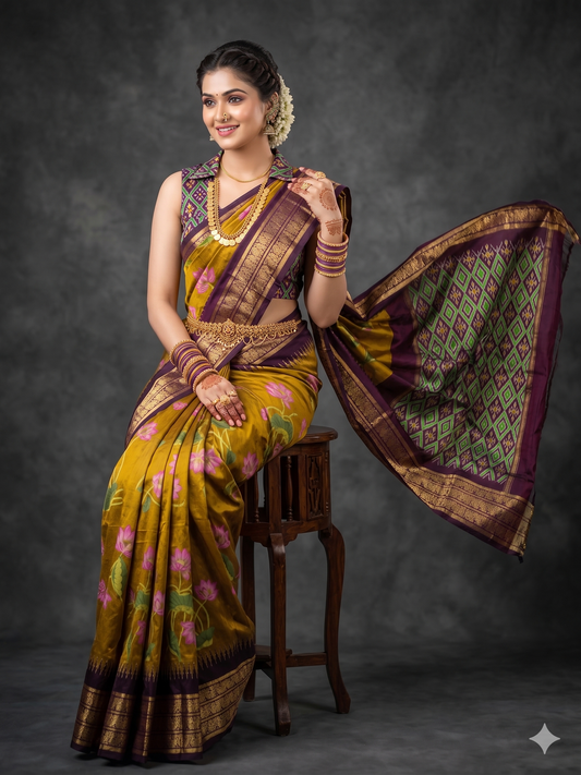 Ikkat Pochampally Handloom Pure Silk Digital Floral Printed Saree With Pallu & Designer Ikkat Blouse | Silk Mark Certified | DS32