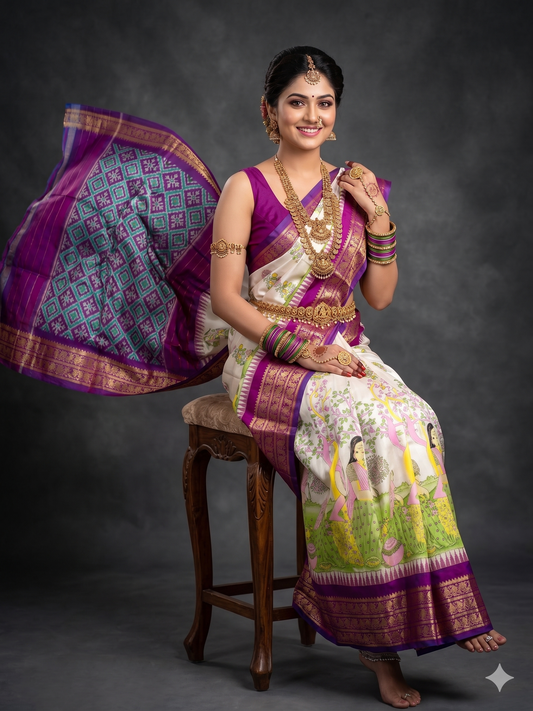 Ikkat Pochampally Handloom Pure Silk Digital Floral Printed Saree With Pallu & Designer Ikkat Blouse | Silk Mark Certified | DS29