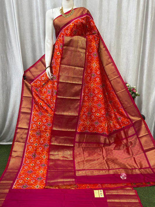 Pochampally Handloom Twill Ikkat Kanchi Boader Pure Silk Saree with Blouse | Double Warp | Silk Mark Certified