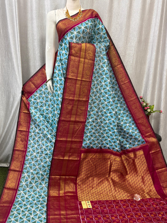 Pochampally Handloom Twill Ikkat Kanchi Boader Pure Silk Saree with Blouse | Double Warp | Silk Mark Certified