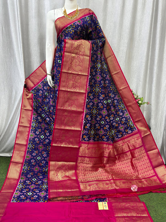 Pochampally Handloom Twill Ikkat Kanchi Boader Pure Silk Saree with Blouse | Double Warp | Silk Mark Certified