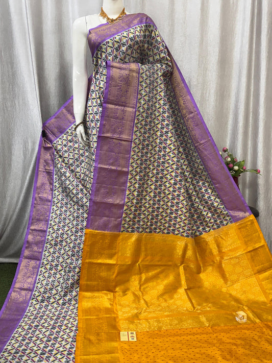 Pochampally Handloom Twill Ikkat Kanchi Boader Pure Silk Saree with Blouse | Double Warp | Silk Mark Certified