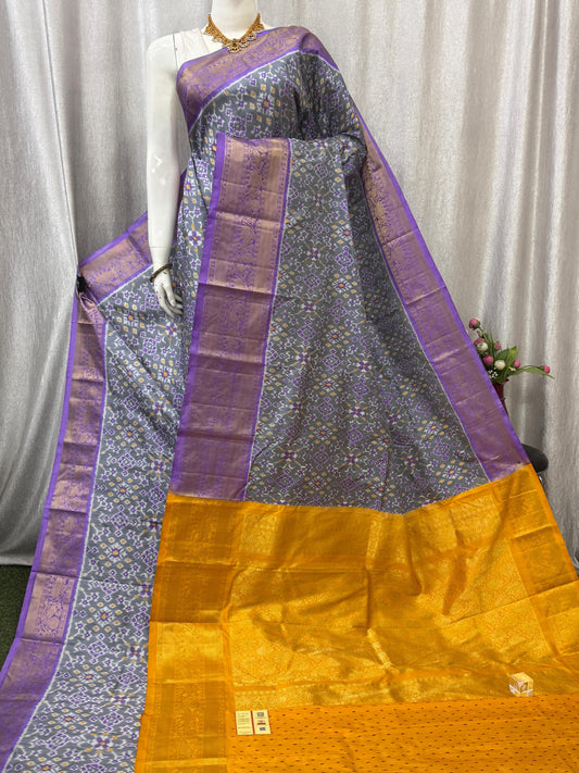 Pochampally Handloom Twill Ikkat Kanchi Boader Pure Silk Saree with Blouse | Double Warp | Silk Mark Certified