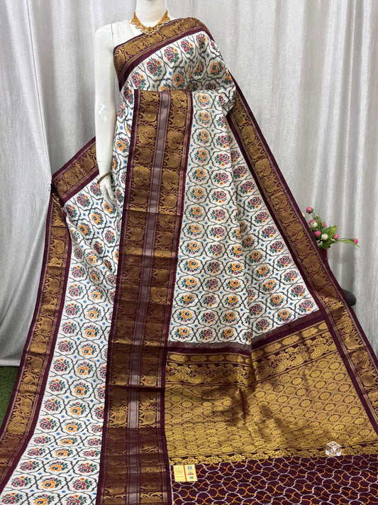 Pochampally Handloom Twill Ikkat Kanchi Boader Pure Silk Saree with Blouse | Double Warp | Silk Mark Certified