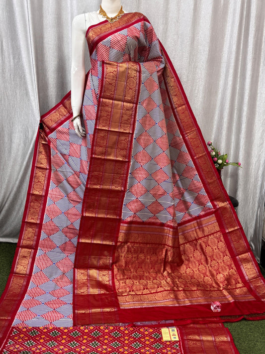 Pochampally Handloom Twill Ikkat Kanchi Boader Pure Silk Saree with Blouse | Double Warp | Silk Mark Certified