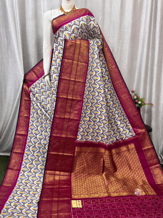 Pochampally Handloom Twill Ikkat Kanchi Boader Pure Silk Saree with Blouse | Double Warp | Silk Mark Certified