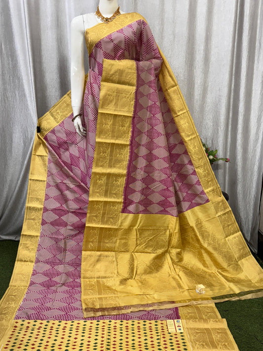 Pochampally Handloom Twill Ikkat Kanchi Boader Pure Silk Saree with Blouse | Double Warp | Silk Mark Certified
