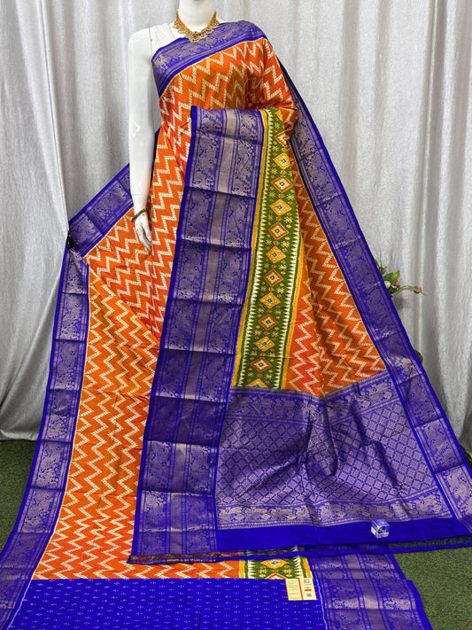 Pochampally Handloom Twill Ikkat Kanchi Boader Pure Silk Saree with Blouse | Double Warp | Silk Mark Certified
