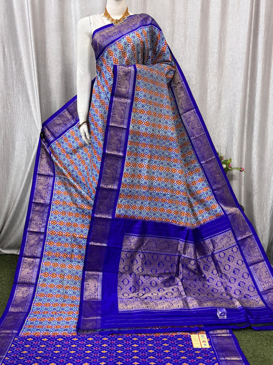 Pochampally Handloom Twill Ikkat Kanchi Boader Pure Silk Saree with Blouse | Double Warp | Silk Mark Certified