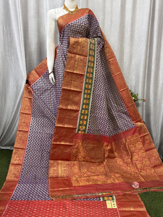 Pochampally Handloom Twill Ikkat Kanchi Boader Pure Silk Saree with Blouse | Double Warp | Silk Mark Certified