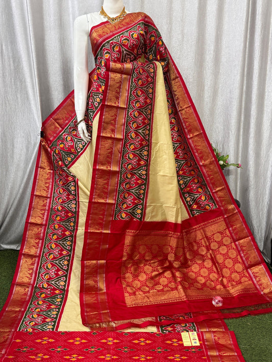 Pochampally Handloom Twill Ikkat Kanchi Boader Pure Silk Saree with Blouse | Double Warp | Silk Mark Certified