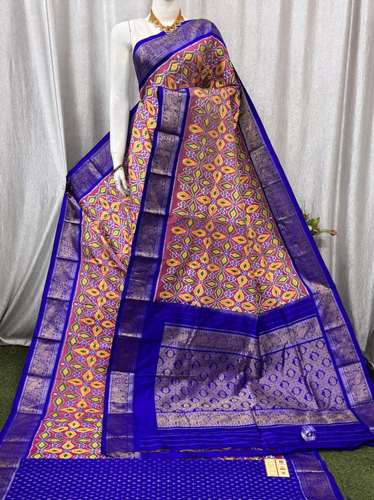 Pochampally Handloom Twill Ikkat Kanchi Boader Pure Silk Saree with Blouse | Double Warp | Silk Mark Certified