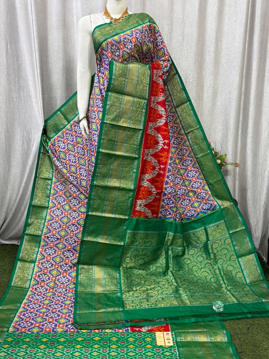Pochampally Handloom Twill Ikkat Kanchi Boader Pure Silk Saree with Blouse | Double Warp | Silk Mark Certified
