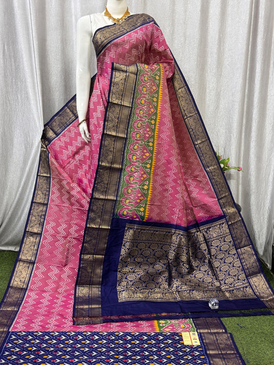 Pochampally Handloom Twill Ikkat Kanchi Boader Pure Silk Saree with Blouse | Double Warp | Silk Mark Certified
