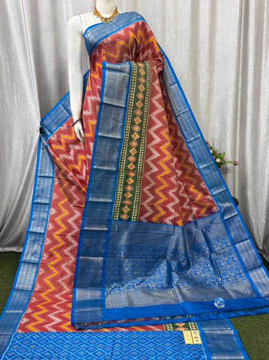 Pochampally Handloom Twill Ikkat Kanchi Boader Pure Silk Saree with Blouse | Double Warp | Silk Mark Certified