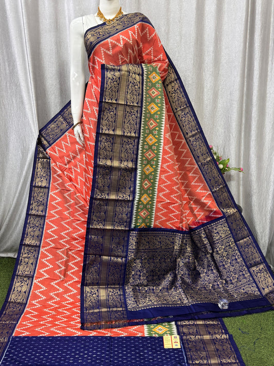 Pochampally Handloom Twill Ikkat Kanchi Boader Pure Silk Saree with Blouse | Double Warp | Silk Mark Certified