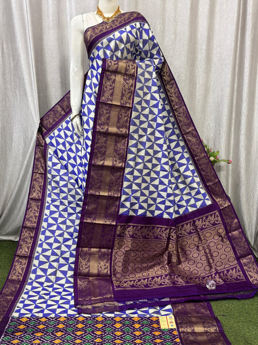 Pochampally Handloom Twill Ikkat Kanchi Boader Pure Silk Saree with Blouse | Double Warp | Silk Mark Certified