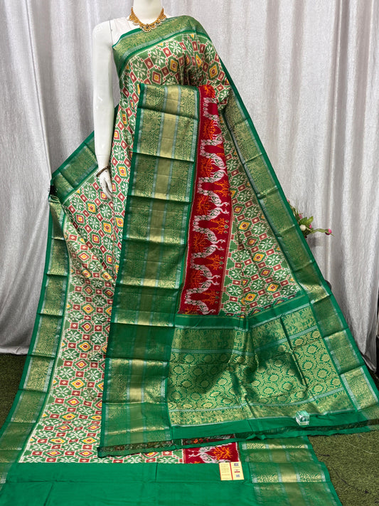 Pochampally Handloom Twill Ikkat Kanchi Boader Pure Silk Saree with Blouse | Double Warp | Silk Mark Certified