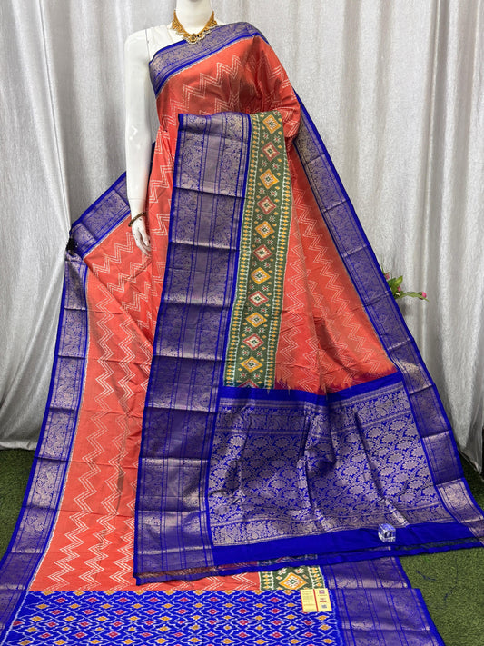 Pochampally Handloom Twill Ikkat Kanchi Boader Pure Silk Saree with Blouse | Double Warp | Silk Mark Certified