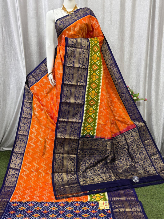 Pochampally Handloom Twill Ikkat Kanchi Boader Pure Silk Saree with Blouse | Double Warp | Silk Mark Certified