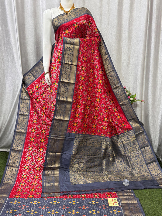 Pochampally Handloom Twill Ikkat Kanchi Boader Pure Silk Saree with Blouse | Double Warp | Silk Mark Certified