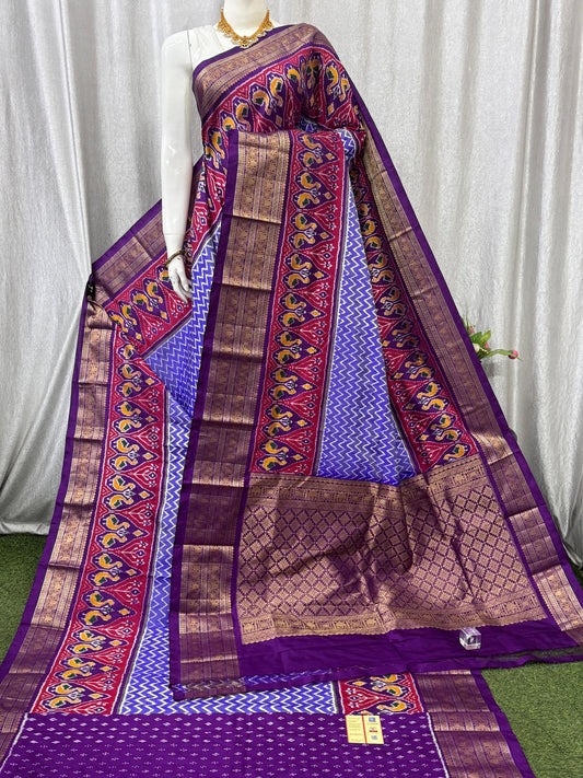 Pochampally Handloom Twill Ikkat Kanchi Boader Pure Silk Saree with Blouse | Double Warp | Silk Mark Certified