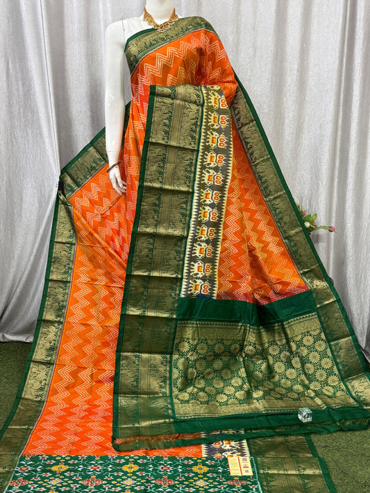 Pochampally Handloom Twill Ikkat Kanchi Boader Pure Silk Saree with Blouse | Double Warp | Silk Mark Certified