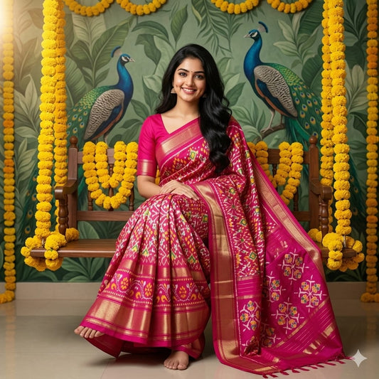 Ikkat Pochampally Handloom Pure Silk Saree with Blouse | Double Warp | Silk Mark Certified