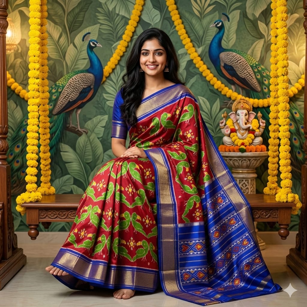 Ikkat Pochampally Handloom Pure Silk Saree with Blouse | Double Warp | Silk Mark Certified