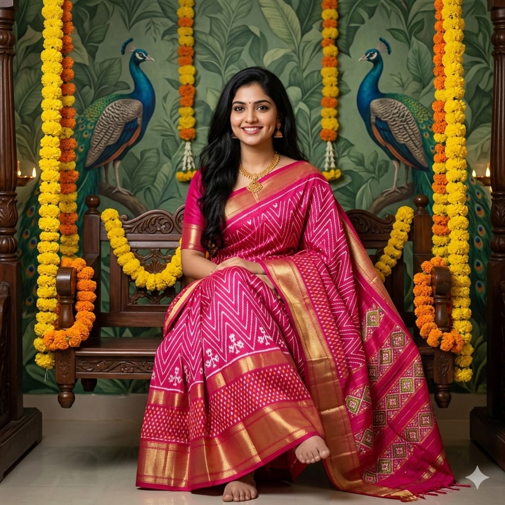 Ikkat Pochampally Handloom Pure Silk Saree with Blouse | Double Warp | Silk Mark Certified