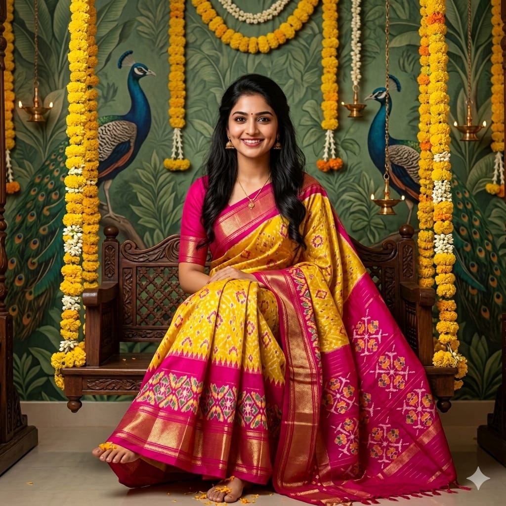 Ikkat Pochampally Handloom Pure Silk Saree with Blouse | Double Warp | Silk Mark Certified