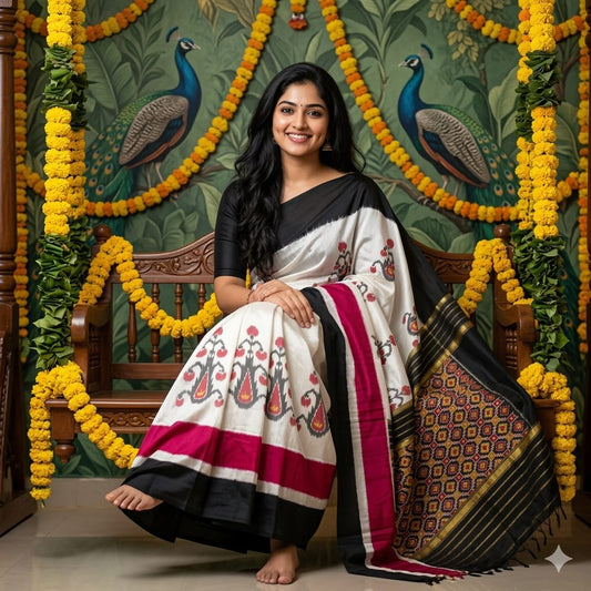 Ikkat Pochampally Handloom Pure Silk Saree with Blouse | Double Warp | Silk Mark Certified