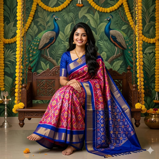 Ikkat Pochampally Handloom Pure Silk Saree with Blouse | Double Warp | Silk Mark Certified