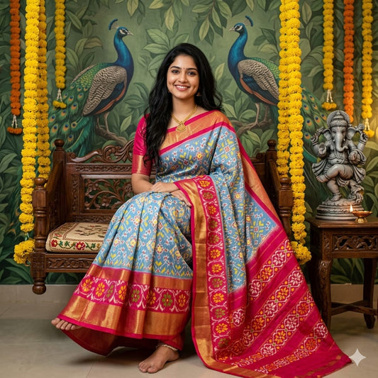 Ikkat Pochampally Handloom Pure Silk Saree with Blouse | Double Warp | Silk Mark Certified