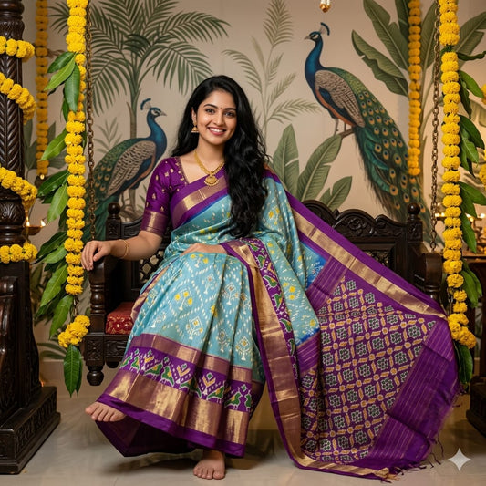 Ikkat Pochampally Handloom Pure Silk Saree with Blouse | Double Warp | Silk Mark Certified