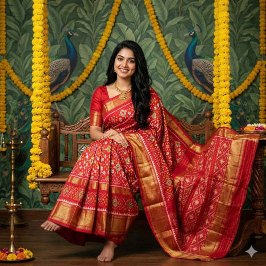 Ikkat Pochampally Handloom Pure Silk Saree with Blouse | Double Warp | Silk Mark Certified