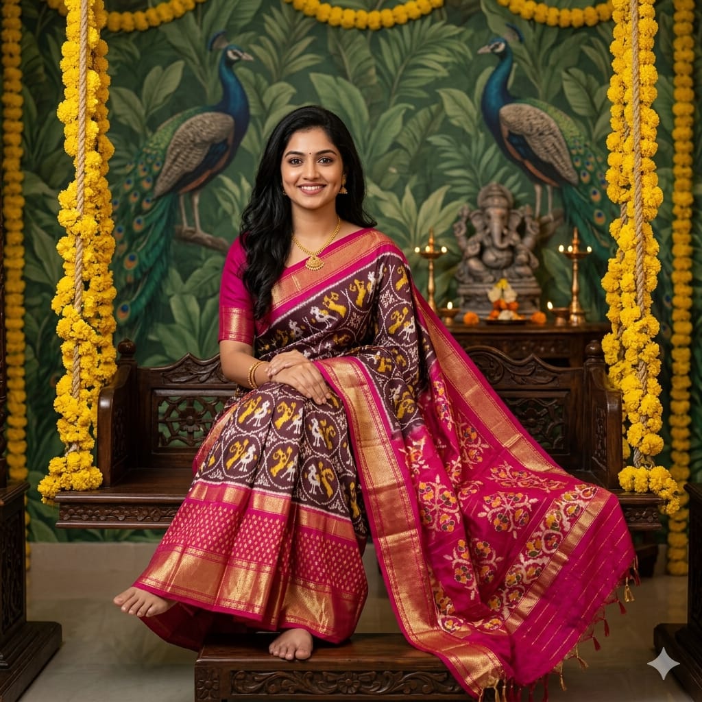 Ikkat Pochampally Handloom Pure Silk Saree with Blouse | Double Warp | Silk Mark Certified