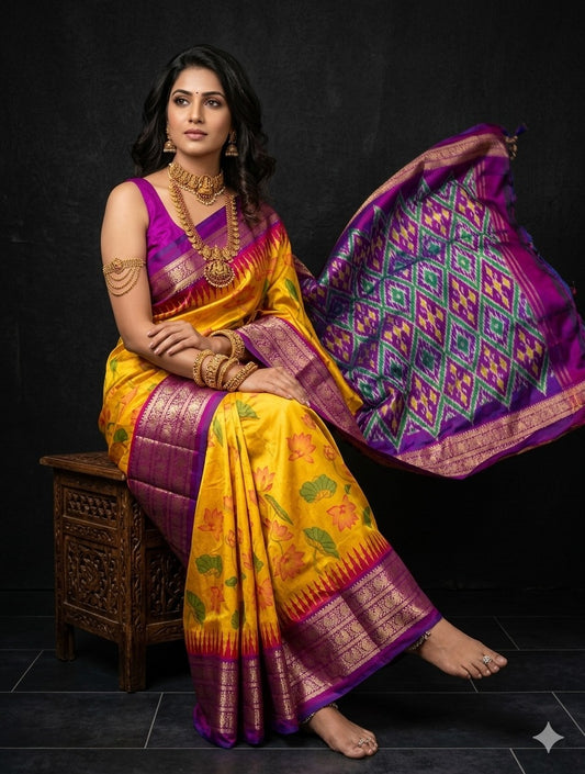 Ikkat Pochampally Handloom Pure Silk Digital Floral Printed Saree With Pallu & Designer Ikkat Blouse | Silk Mark Certified | DS187