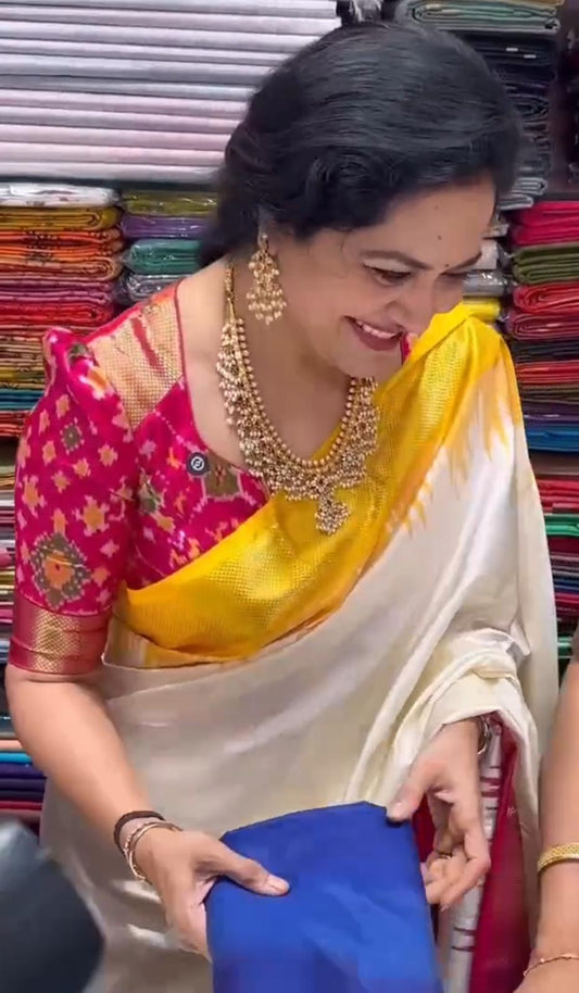 Premium Ikkat Pochampally Handloom Pure Silk Saree With Pallu & Blouse Rich Patola Design | Double Warp | Silk Mark Certified