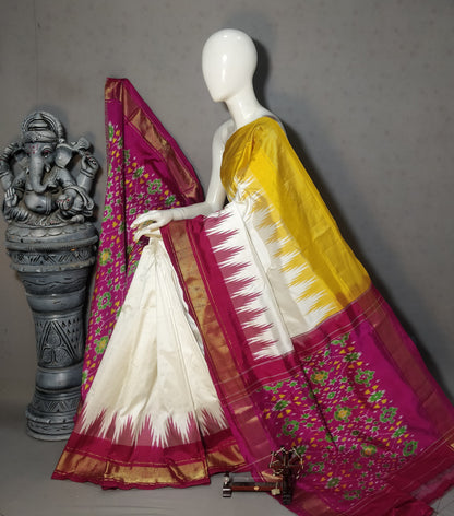 Premium Ikkat Pochampally Handloom Pure Silk Saree With Pallu & Blouse Rich Patola Design | Double Warp | Silk Mark Certified
