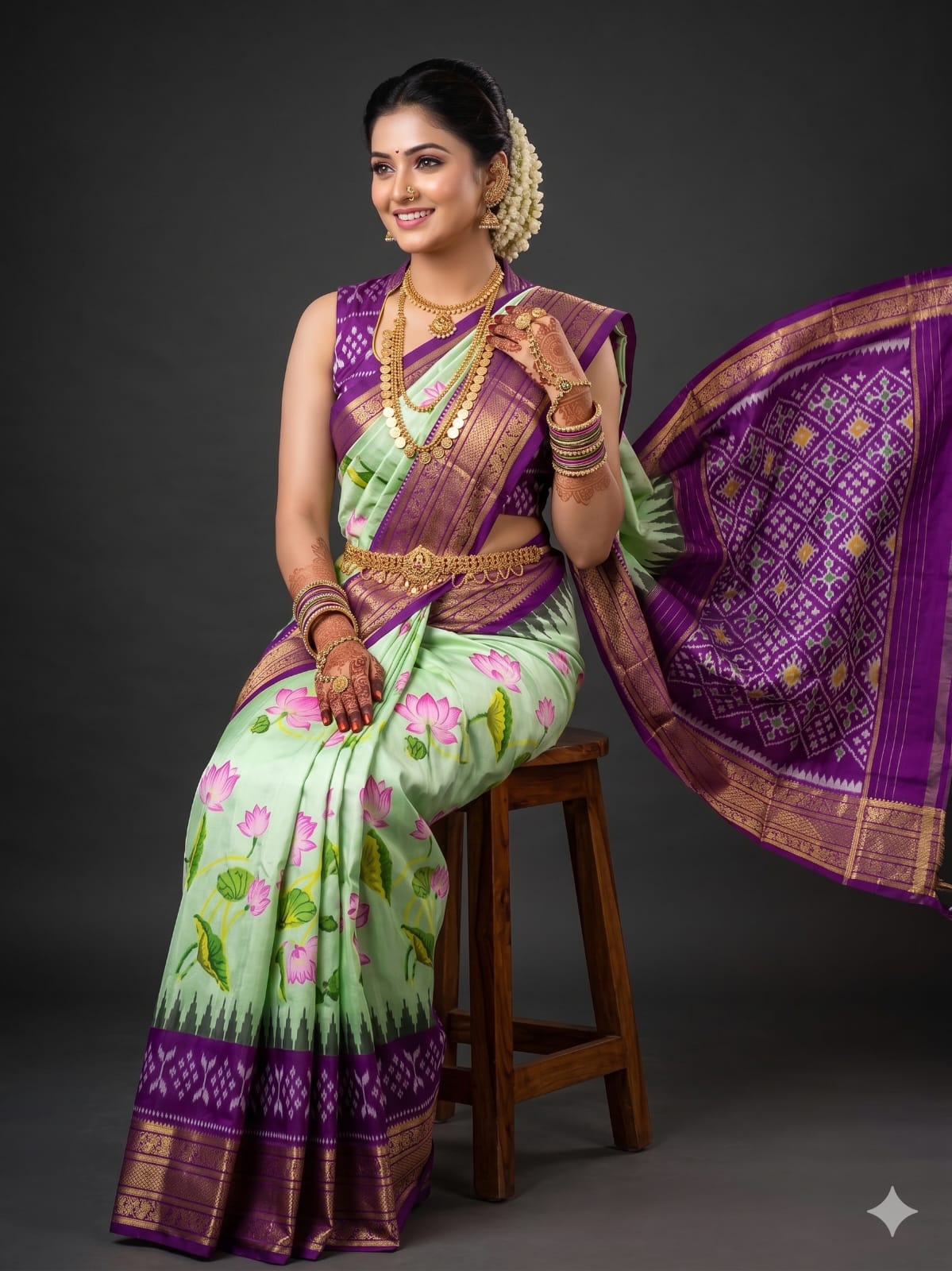 Ikkat Pochampally Handloom Pure Silk Digital Floral Printed Saree With Pallu & Designer Ikkat Blouse | Silk Mark Certified | DS198
