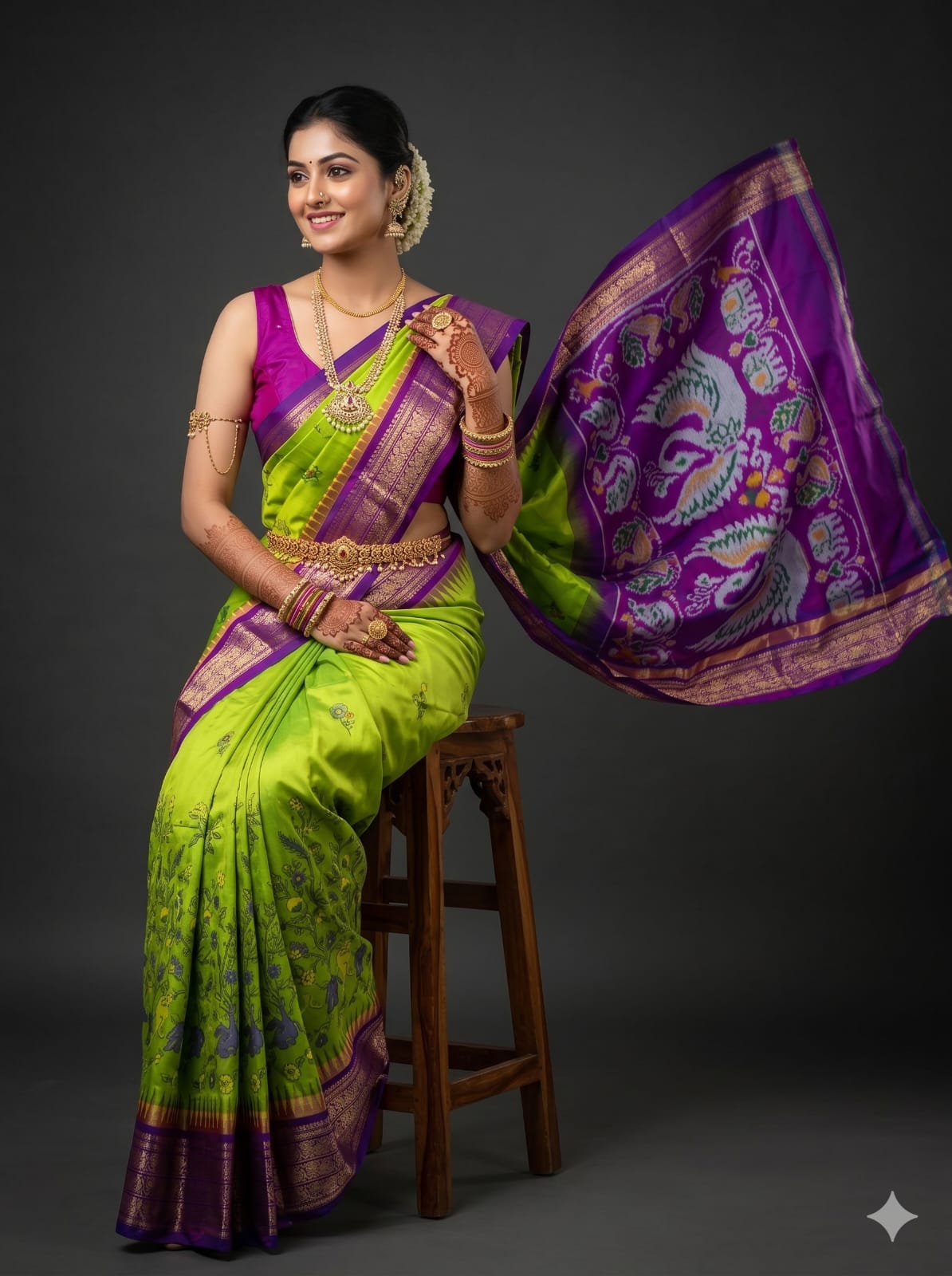 Ikkat Pochampally Handloom Pure Silk Digital Floral Printed Saree With Pallu & Designer Ikkat Blouse | Silk Mark Certified | DS205