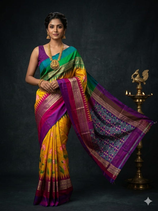 Ikkat Pochampally Handloom Pure Silk Digital Floral Printed Saree With Pallu & Designer Ikkat Blouse | Silk Mark Certified | DS221