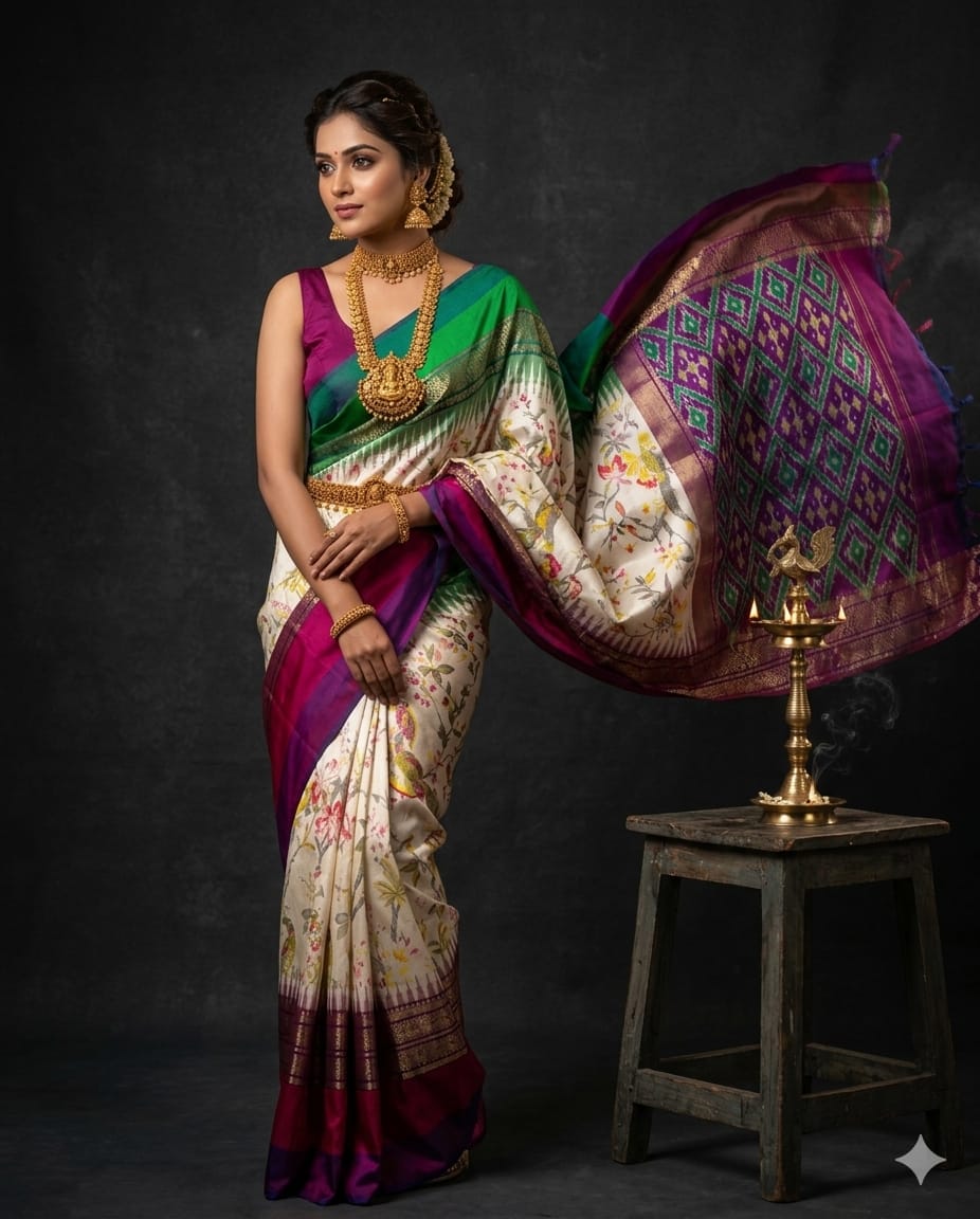 Ikkat Pochampally Handloom Pure Silk Digital Floral Printed Saree With Pallu & Designer Ikkat Blouse | Silk Mark Certified | DS220