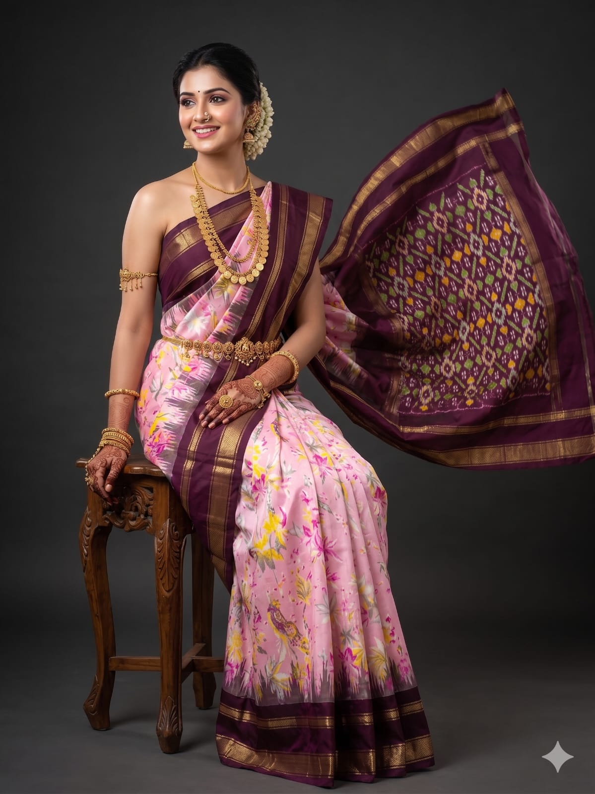 Ikkat Pochampally Handloom Pure Silk Digital Floral Printed Saree With Pallu & Designer Ikkat Blouse | Silk Mark Certified | DS199