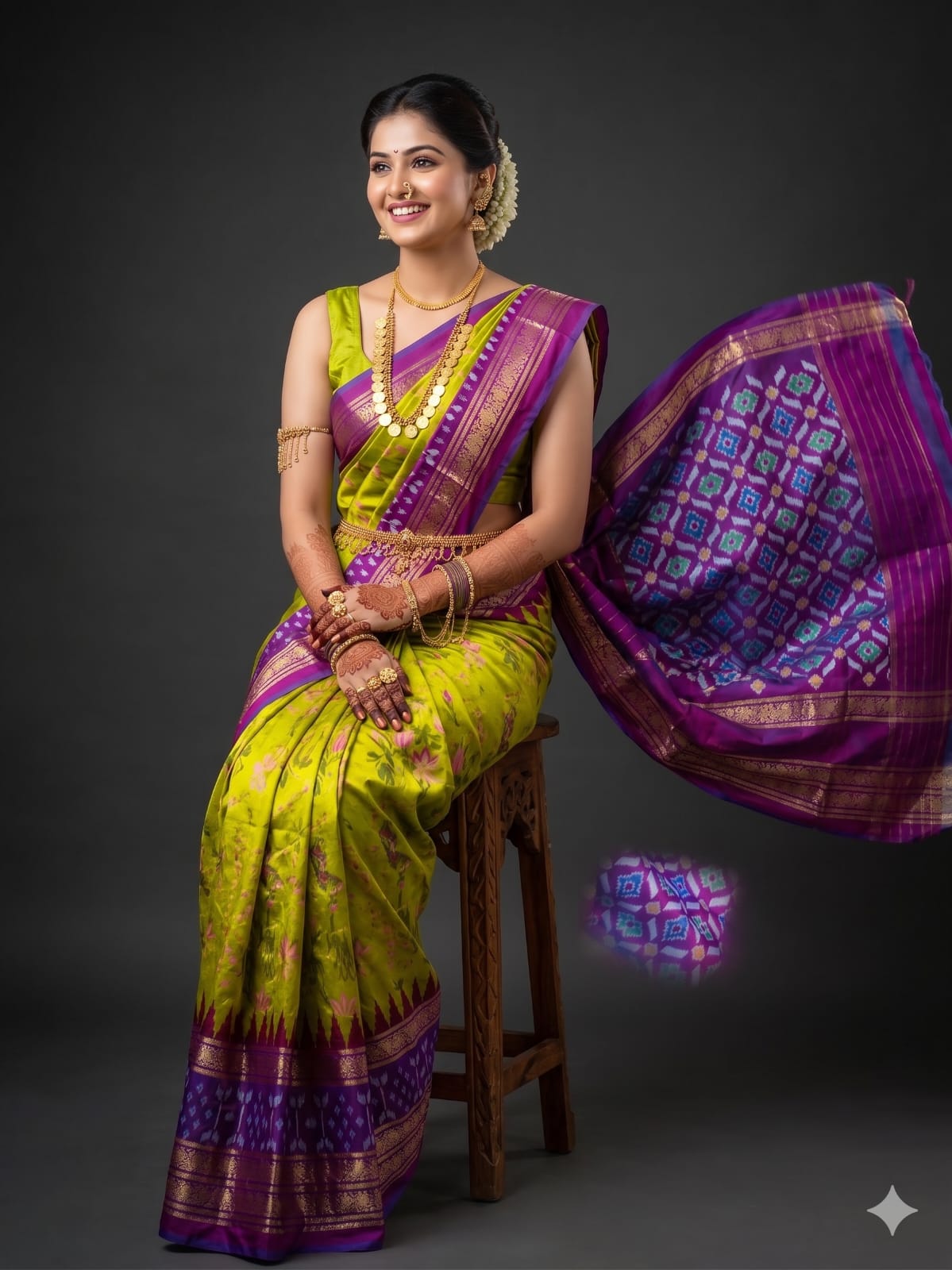 Ikkat Pochampally Handloom Pure Silk Digital Floral Printed Saree With Pallu & Designer Ikkat Blouse | Silk Mark Certified | DS206