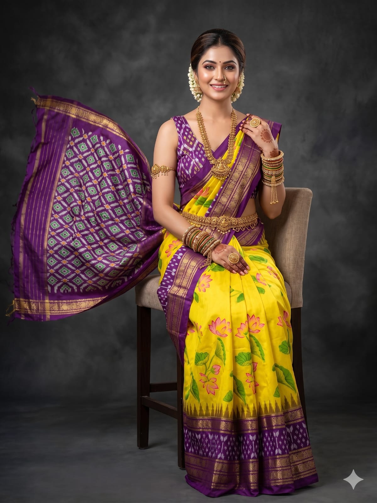 Ikkat Pochampally Handloom Pure Silk Digital Floral Printed Saree With Pallu & Designer Ikkat Blouse | Silk Mark Certified | DS196