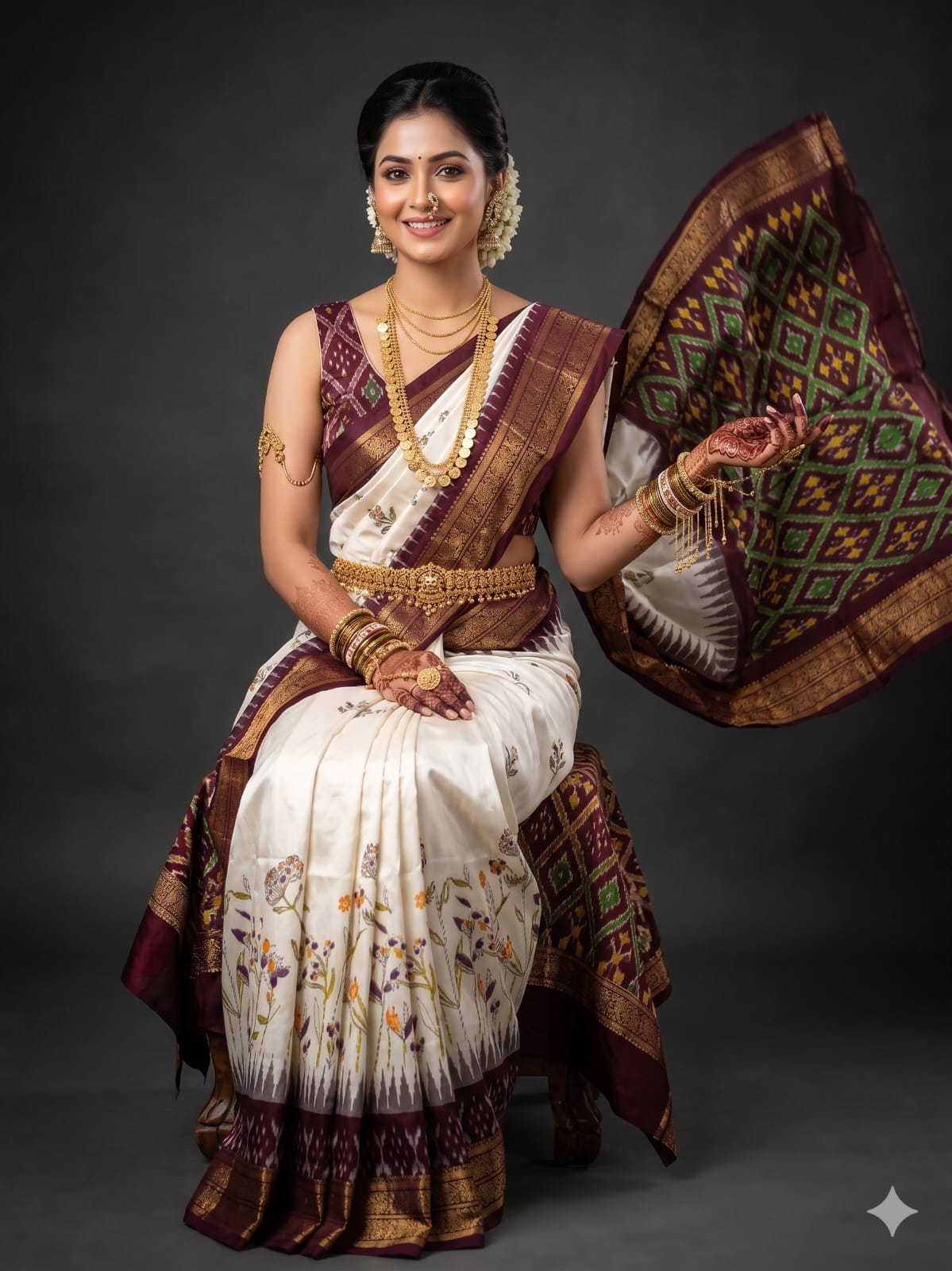 Ikkat Pochampally Handloom Pure Silk Digital Floral Printed Saree With Pallu & Designer Ikkat Blouse | Silk Mark Certified | DS202