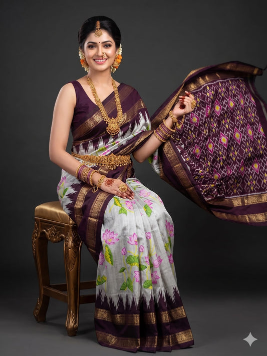 Ikkat Pochampally Handloom Pure Silk Digital Floral Printed Saree With Pallu & Designer Ikkat Blouse | Silk Mark Certified | DS200
