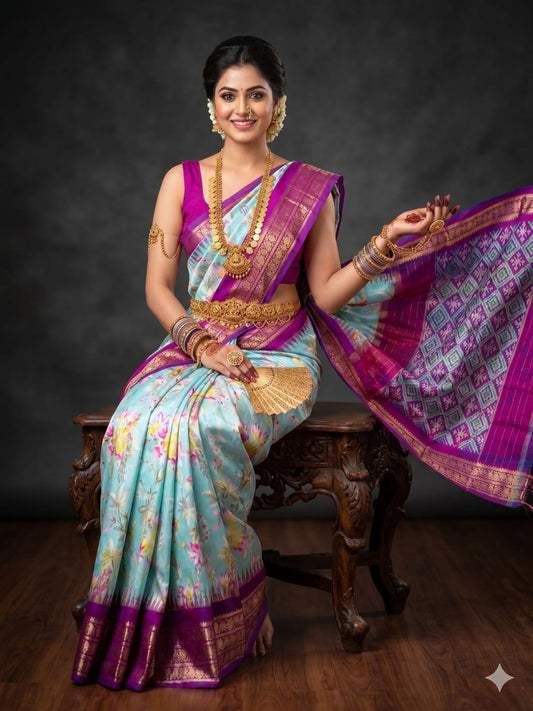 Ikkat Pochampally Handloom Pure Silk Digital Floral Printed Saree With Pallu & Designer Ikkat Blouse | Silk Mark Certified | DS186